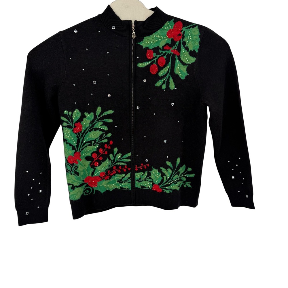 Boston Proper Zip Up Cardigan Women L Black Holly Rhinestone Holiday Sweater